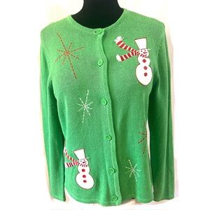 Crystal Kobe Christmas Cardigan Sweater Sm Green Felt Snowman Stitched